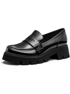 Women's Black Fitory Patent Leather Chunky Platform Penny Loafers Lug Sole Shoes